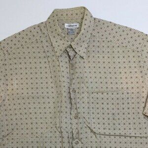 Claiborne Mens Button Up Short Sleeve Collared Shirt Beige Geometric Size Large
